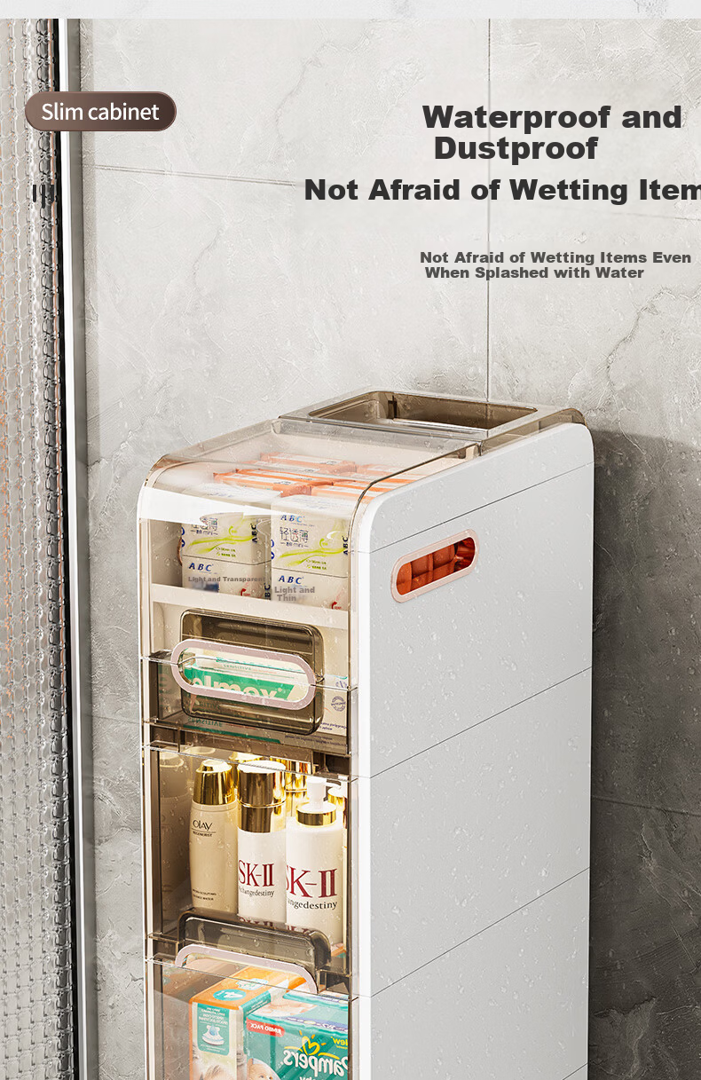 JEKO&JEKO Bathroom Storage Rack, Floor-Standing Gap Organizer Cabinet, 24.5cm 4-Tier, No Installation Required, Magnetic Door Opening, Simple And Luxurious Style 8