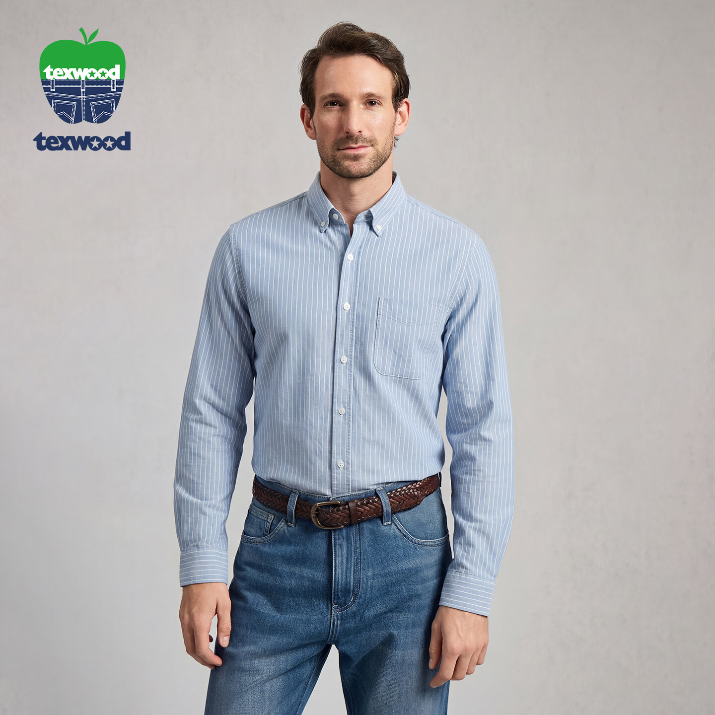 Texwood Deshiwo Apple Standard Shoulder Men's Long Sleeve Striped Casual Shirt Blue S