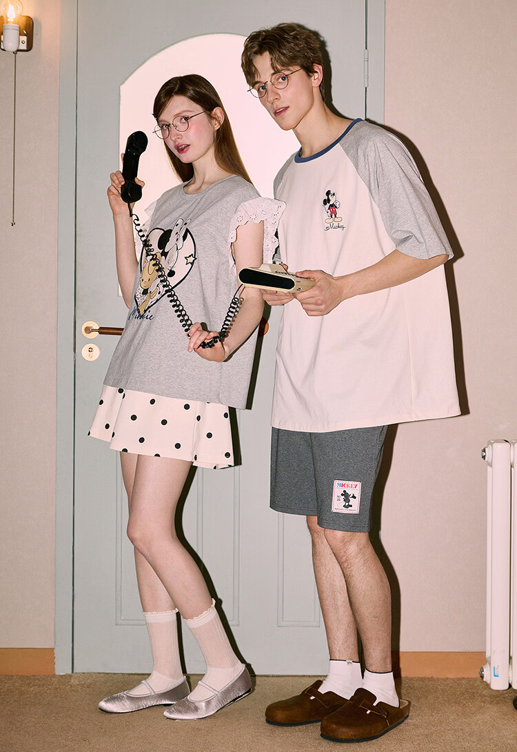 Gukoo Couples Pajamas Women's 2026 New Summer Disney Collaboration Cotton Pajamas Men's Homewear Light Gray S 21
