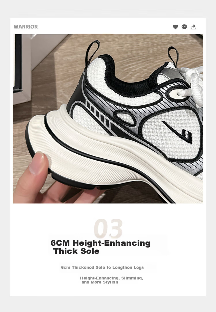 Warrior Women's Dad Sneakers 2026 Summer New Lightweight Thick-Soled Silver White Black Size 40 8