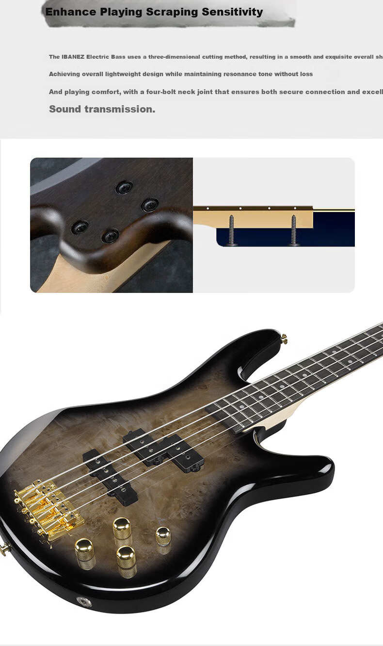 IBANEZ GSR320-BK Black Passive Pickup Electric Bass Guitar for Beginners, Men And Women, Four-String Bass 16