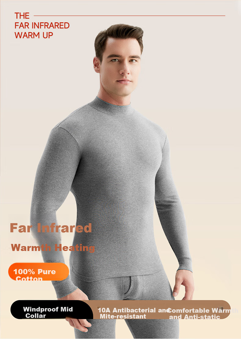 LangSha Men's Autumn Underwear Set, 100% Pure Cotton, Mid-High Collar, Antibacterial Base Layer, All-Cotton Sweater, Men's Thermal Underwear 2