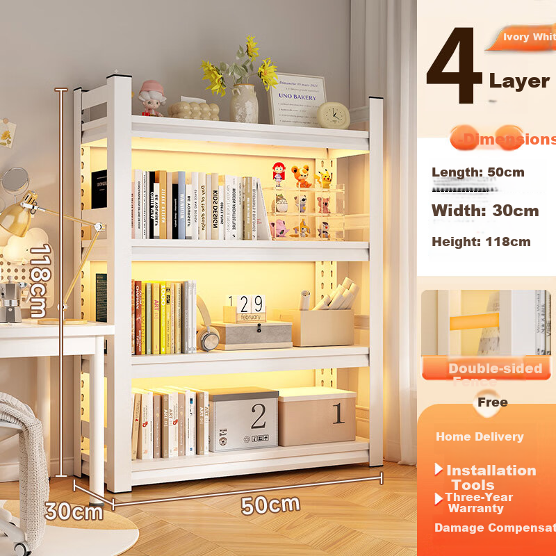 TANGJI White 4-Tier Iron Bookshelf Floor-Standing Storage Rack for Students and Children 50x30x118cm