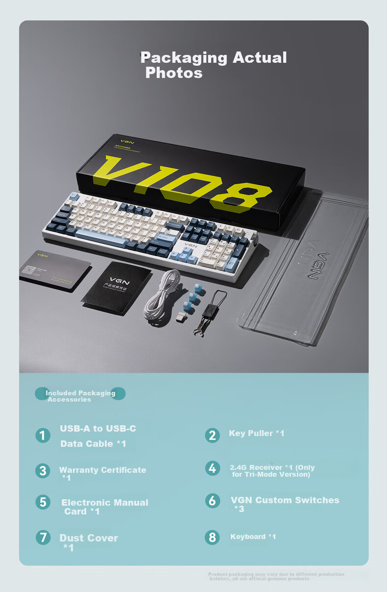 VGN V108 Custom Mechanical Keyboard Wireless Tri-Mode Bluetooth Gaming Office Silent V108 Polar Fox Switch Shijian Cloud Tri-Mode 17
