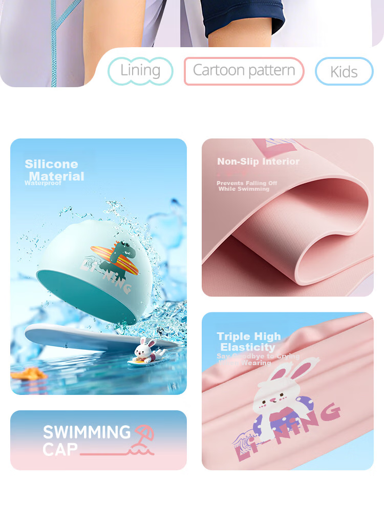 LI-NING Kids Swim Cap Girls Comfortable Non-Tight Cute Cartoon Silicone Ear Protection Waterproof Swimming Cap 5781 Pink 2