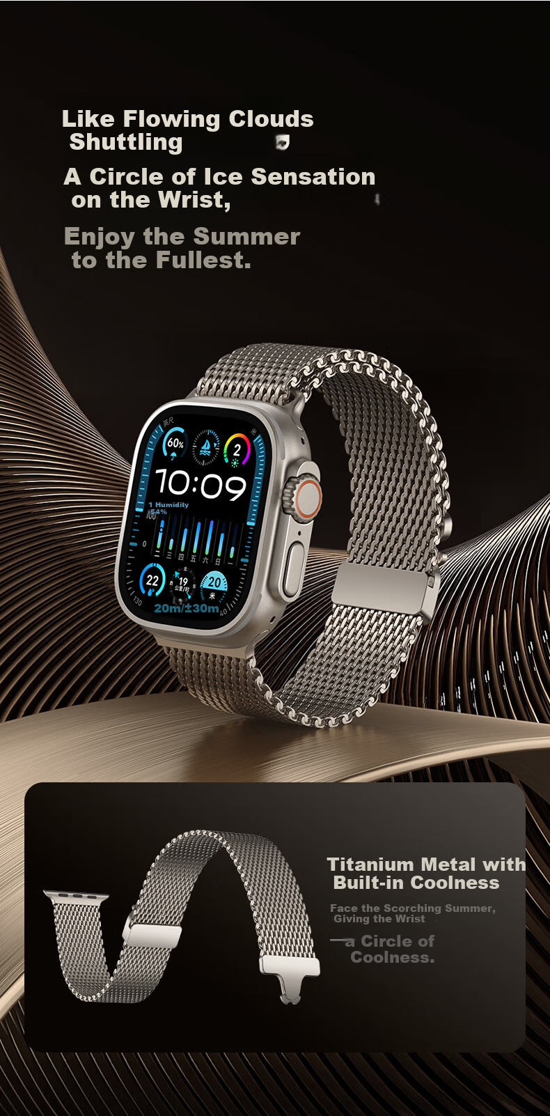 W&P 26 New Style Compatible with Apple Watch Band, for Apple Watch Ultra 4/3/2 Titanium Milanese Parachute-Style Strap, Suitable for IWatch S12/11/10/9/SE 16