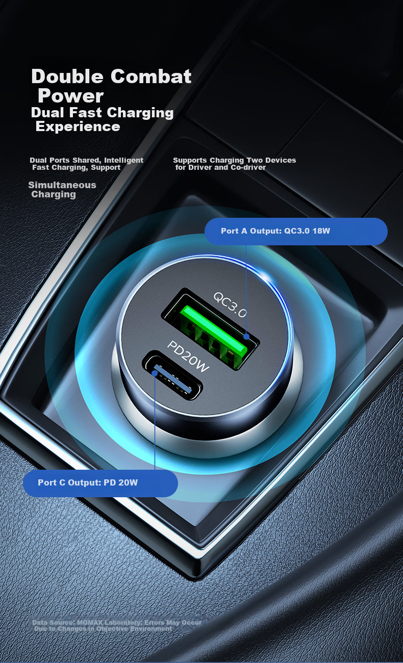 MOMAX 30W Dual-Port Car Charger, Cigarette Lighter Adapter, Super Fast Charging Converter Plug, Compatible with Apple 16 Huawei/Xiaomi, Two-In Deep Space Gray 3