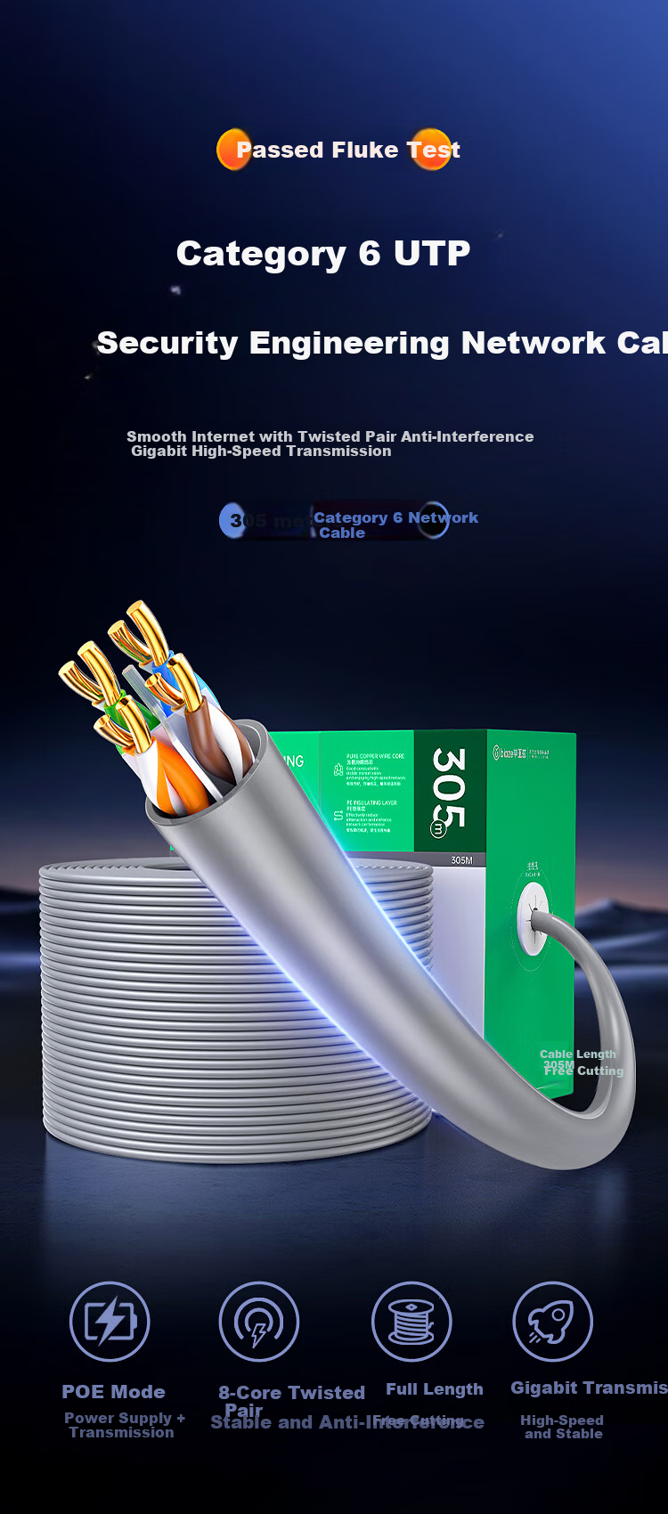 BIAZE Original CAT5e Ethernet Cable [Engineering Version], Pure Copper Core, Comprehensive Wiring, POE Power Supply, Unshielded Network Cable, Gray, 305 Meters Per Box 2