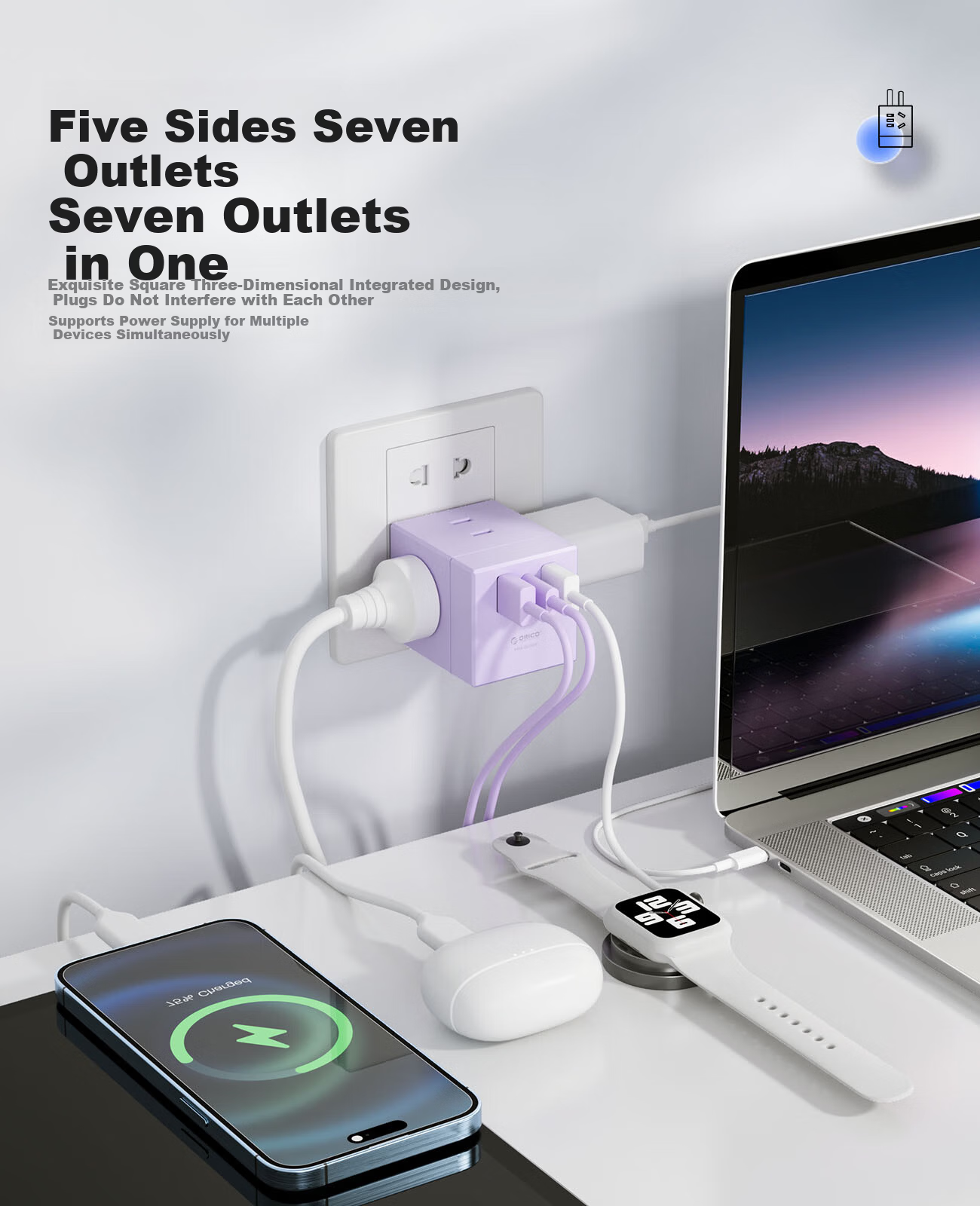 ORICO Cube Power Strip, One-To Adapter, USB Socket/power Bar/extension Cord, Type-C Port + USB Port + 4 Outlets, White 5