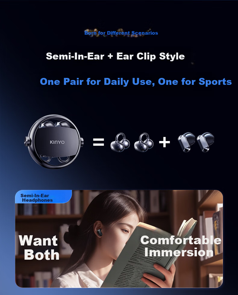 Jinyun (KINYO) [Women's Exclusive | Latest 2026 Model] Bluetooth Earphones Clip-On Semi In-Ear Two-Piece Two-In Long Battery Life, Comfortable for Extended Wear 7