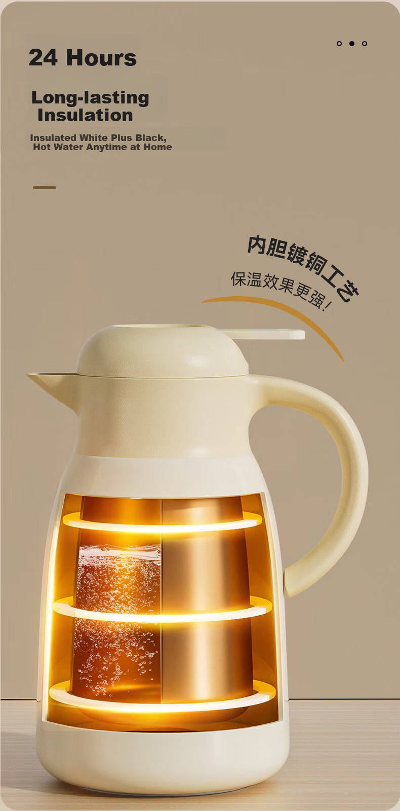 Haers 316L Stainless Steel Insulated Thermos Flask Household Large Capacity Hot Water Kettle Ivory White 2L 3