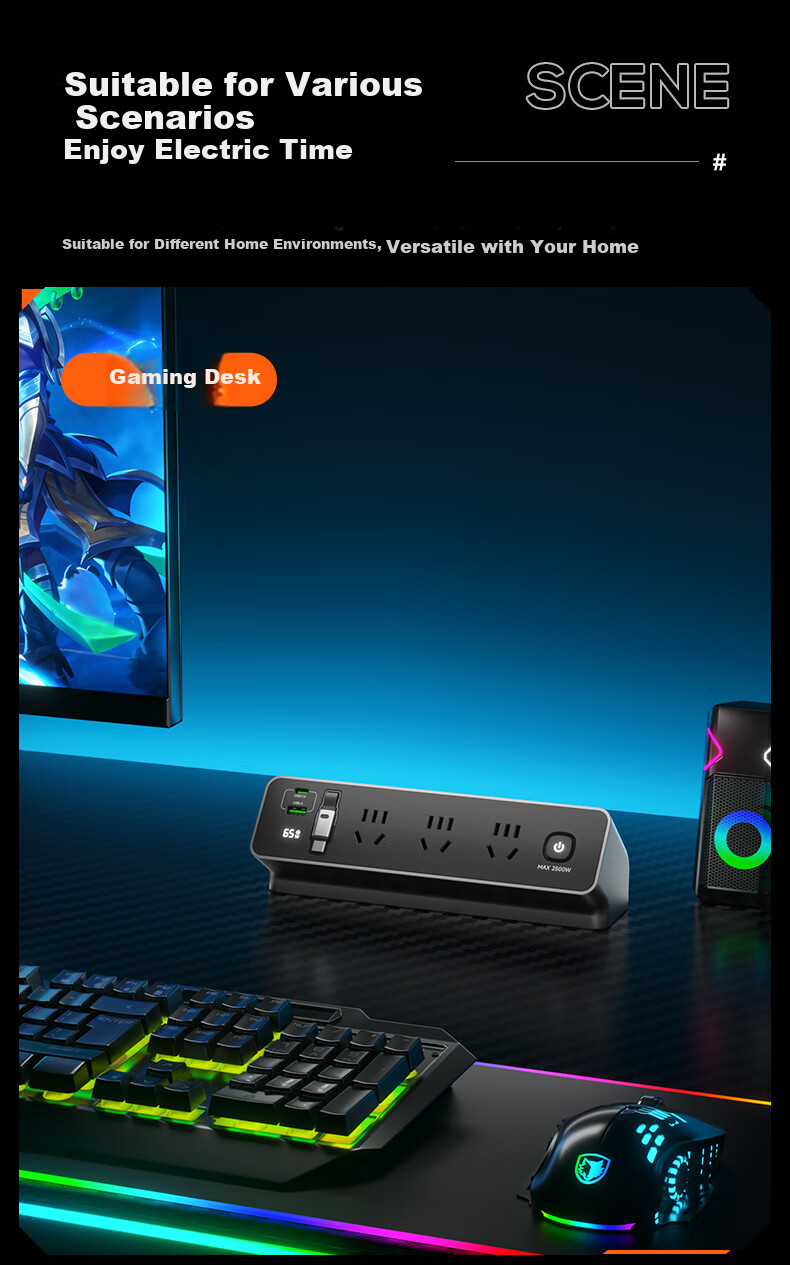 Comfort Desktop Pop-up Power Strip with Digital Display, No-drill Adhesive Clamp Extension Socket for Home, Dormitory, Office Desk Organizer 8