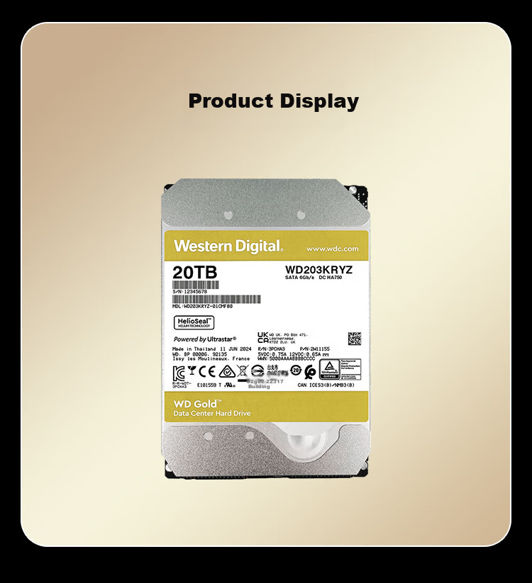 Western Digital 20TB Enterprise Mechanical Hard Drive WD Gold SATA 7200RPM 512MB CMR Vertical 3.5-inch Server HDD WD203KRYZ 5