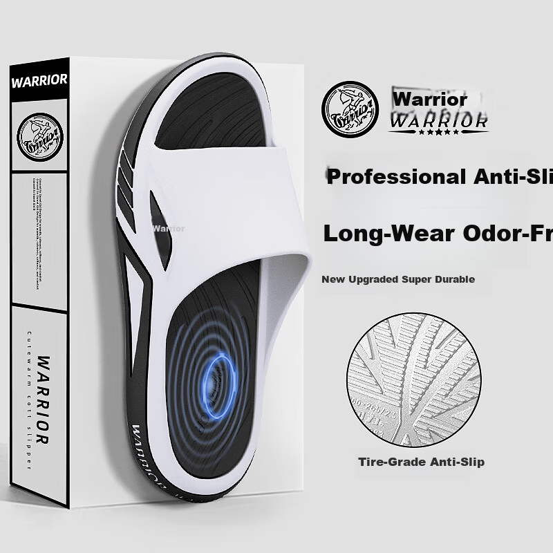 Warrior Men's Sports Slippers Home Bathroom Non-Slip Slide Sandals Soft Sole Durable Beach Sandals Black White Size 46-47