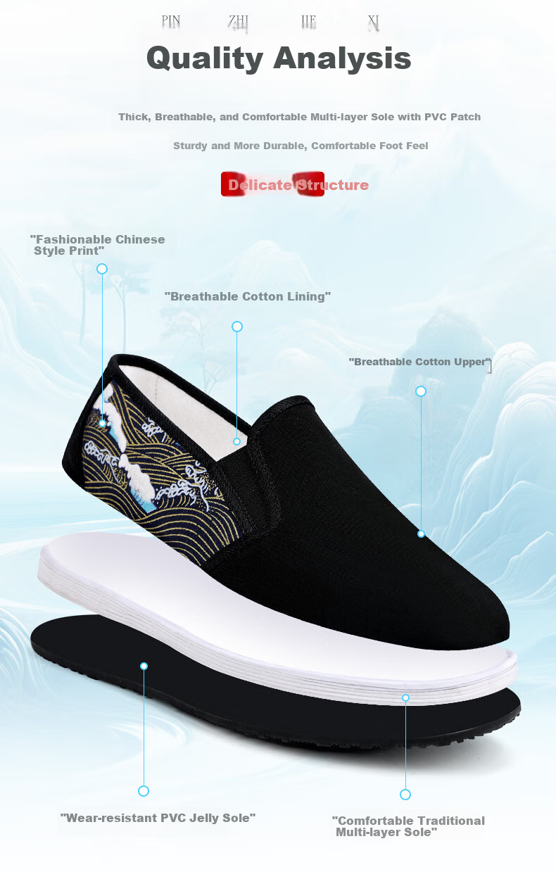 Bushe Yuan Traditional Men's Cloth Shoes Printed Youth Thousand-Layer Sole Old Beijing Cloth Shoes 511-1051 Wave Pattern Size 41 3