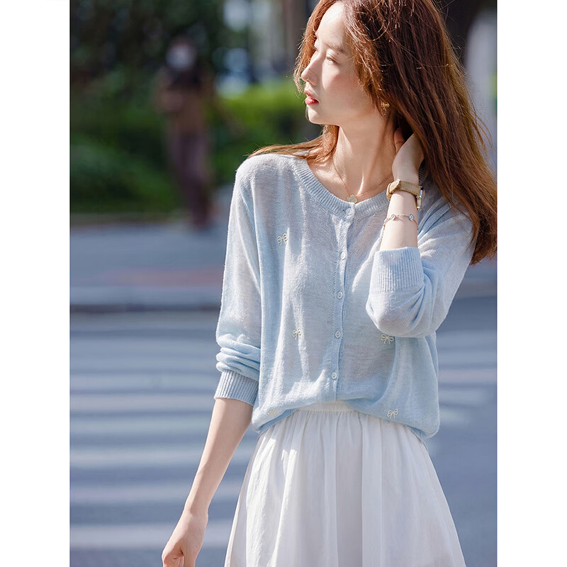 Awakening Paradise 26 Summer Fashion Elegant Sweet Bowknot Versatile Top Round Neck Long Sleeve Knit Cardigan Blue One Size