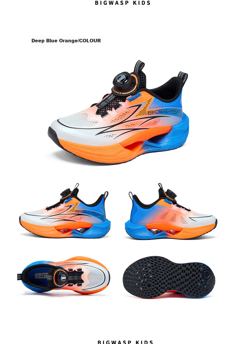 BIG WASP Boys' Sports Shoes Summer Breathable Kids Running Shoes D112621508 Black Orange Yellow (Single Mesh) Size 33 12