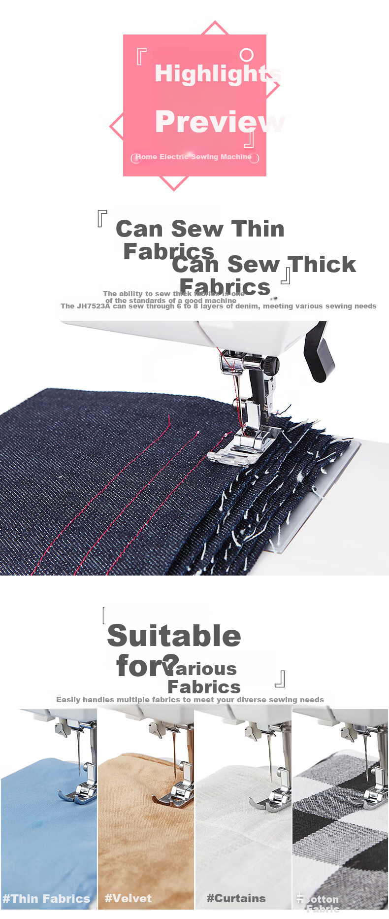 BUTTERFLY JH7523 Advanced Multifunctional Electric Household Sewing Machine with Belt Stitching, Reinforced Thick Fabric Feeding, and Buttonhole Locking 3