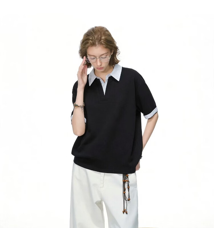 ICH MODE Intellectual High IQ Fake Two-Piece Striped Short Sleeve Polo Shirt Women Summer Couple T-Shirt Black M 11