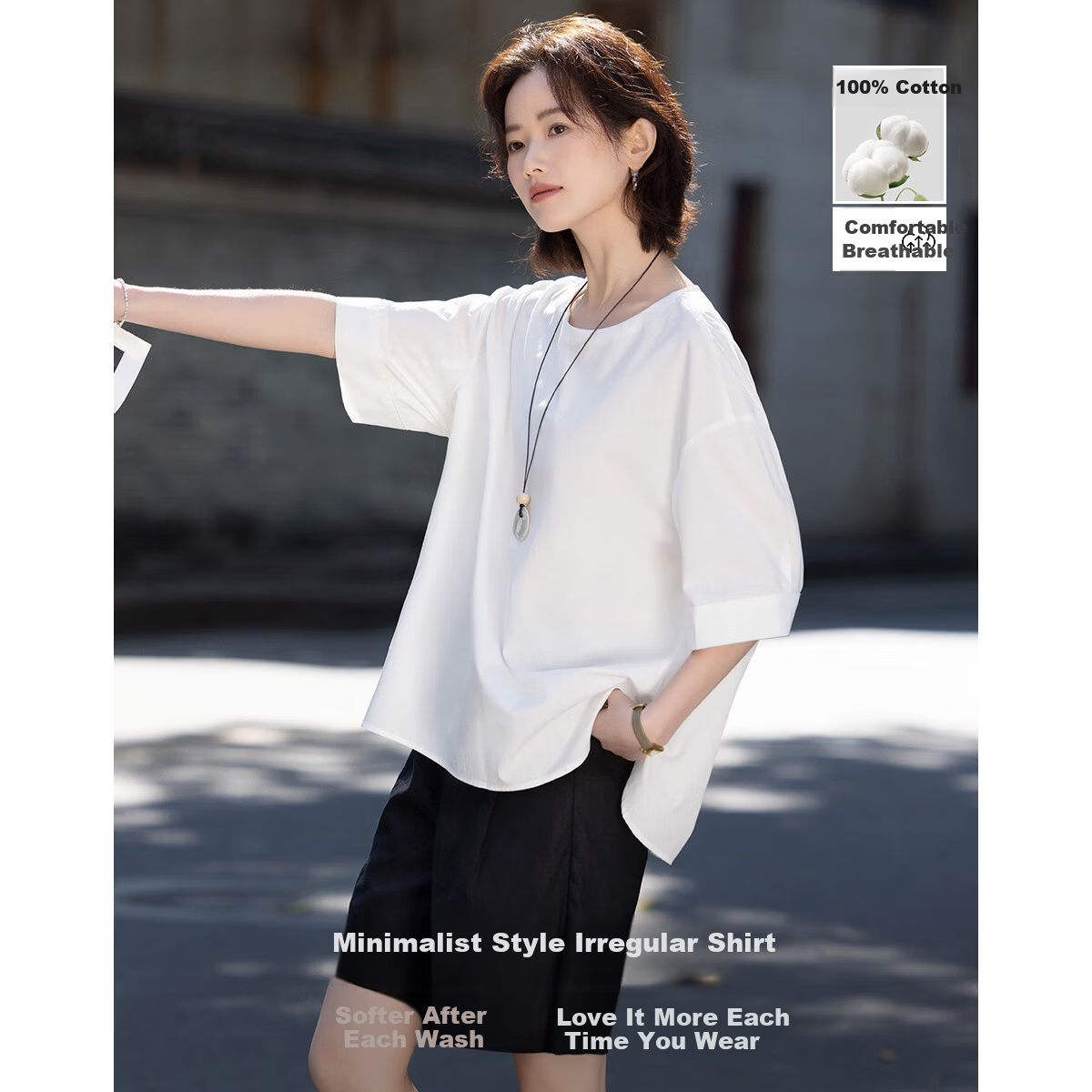 Demana Oxygen Pure Cotton Summer Simple Style Round Neck Irregular Hem Loose Slimming Concealing Shirt for Women Premium Feel