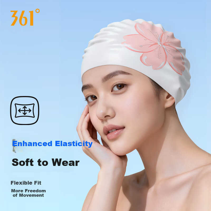 361° Women's Silicone Waterproof Printed Swimming Cap for Long Hair, Non-Tight, Ear Protection, Professional Large Size