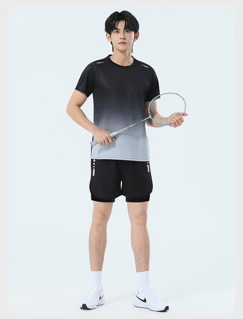 VICTORIATOURIST Men's Summer Running Sports Set Quick-Dry Ice Silk Short Sleeve T-Shirt and Shorts Fitness Badminton Training Apparel 17
