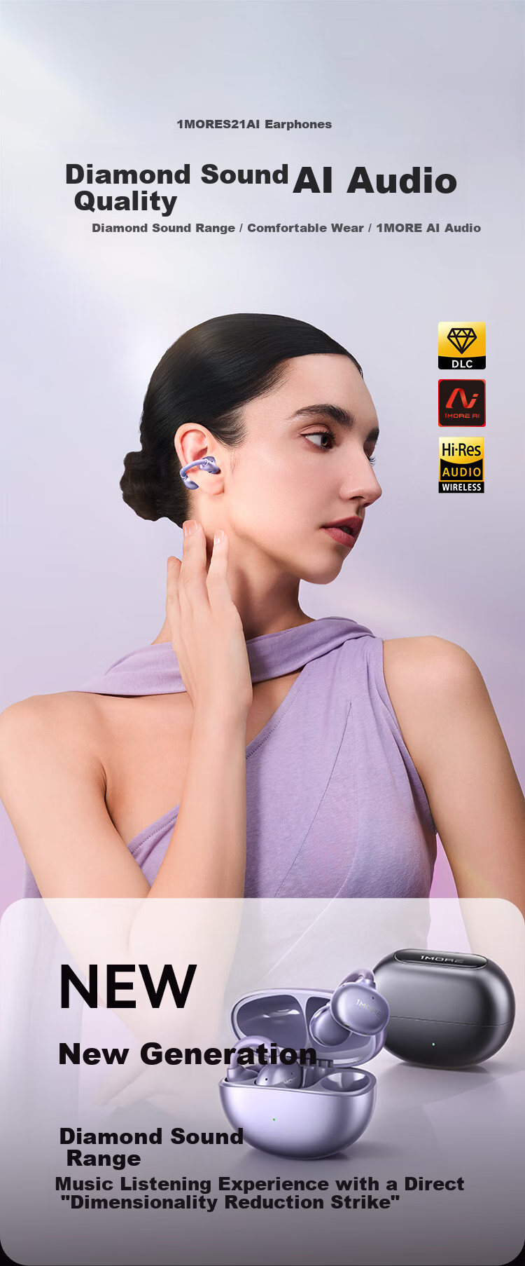 1MORE S21 Open-Ear Clip-On Bluetooth Earphones Bone Conduction AI Call Noise Cancelling Sports Headset for Huawei Xiaomi Apple Jay Chou Endorsed Matte Purple 6