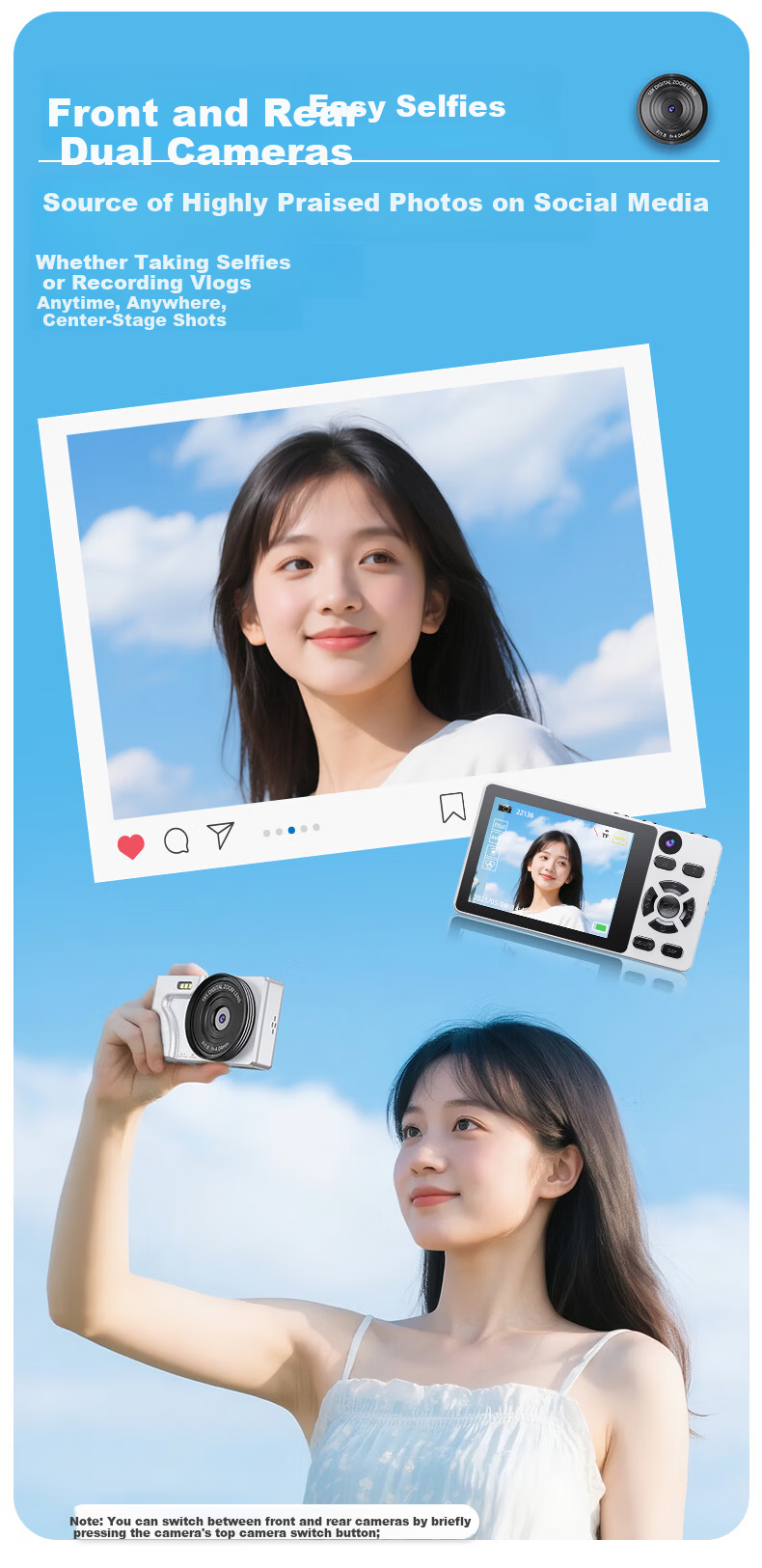 RUIZU T6 Student Digital Camera Soft Light Dual Lens Digital Camera [64MP Selfie] White 64GB Compact CCD Camera for Girls Campus Alternative 4