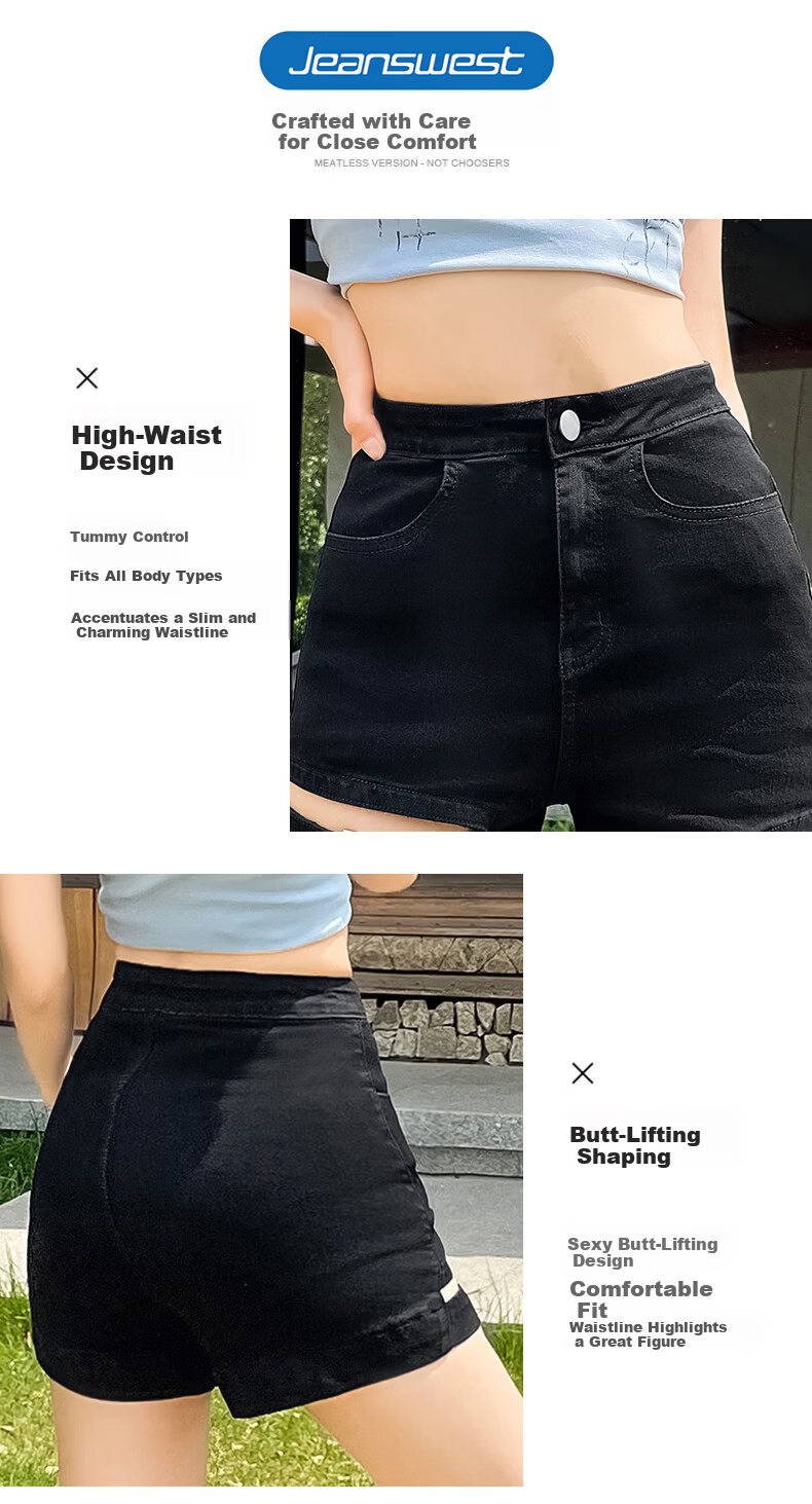 Jeanswest Women's Denim Shorts 2026 Spring Summer High Waist A-Line Slim Functional Style Hot Pants Black M 6