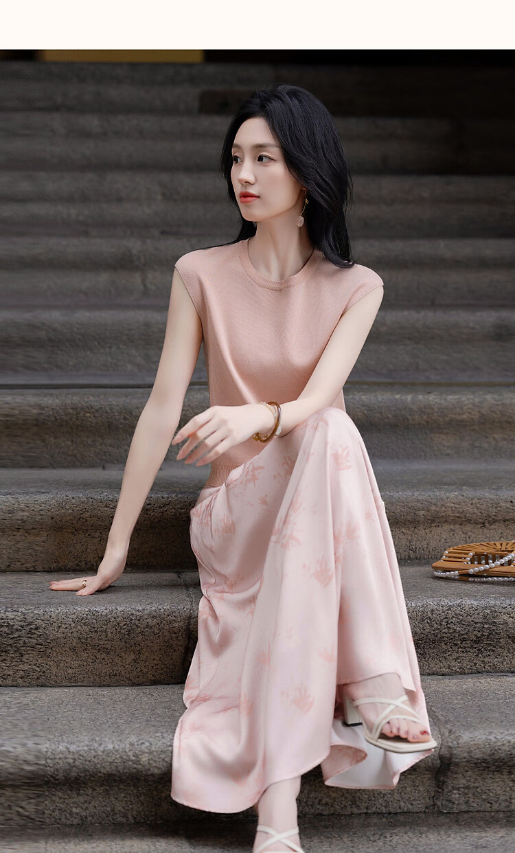 Demana [Guofeng Ice Silk Set] Spring Summer Elegant New Chinese Style Sleeveless Top Printed A-line Skirt Women's Two-piece Set 7