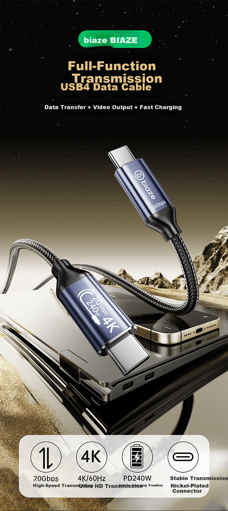 BIAZE USB4 Data Cable 0.2m Short Cable 20Gbps Thunderbolt 4/3 Type-C Full-Function 4K Display PD 100W Fast Charging for Apple Laptop Hard Drive Enclosure 1