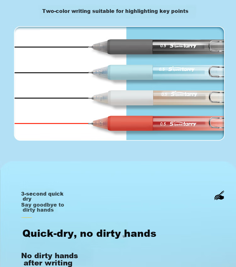 Fizz Chenhai Blue Quick-Dry Retractable Gel Pen 0.5mm Low Center of Gravity Dual Ballpoint CS Black Tip High Capacity Office Signature Pen Student Exam Pen 3-Pack B73019 2