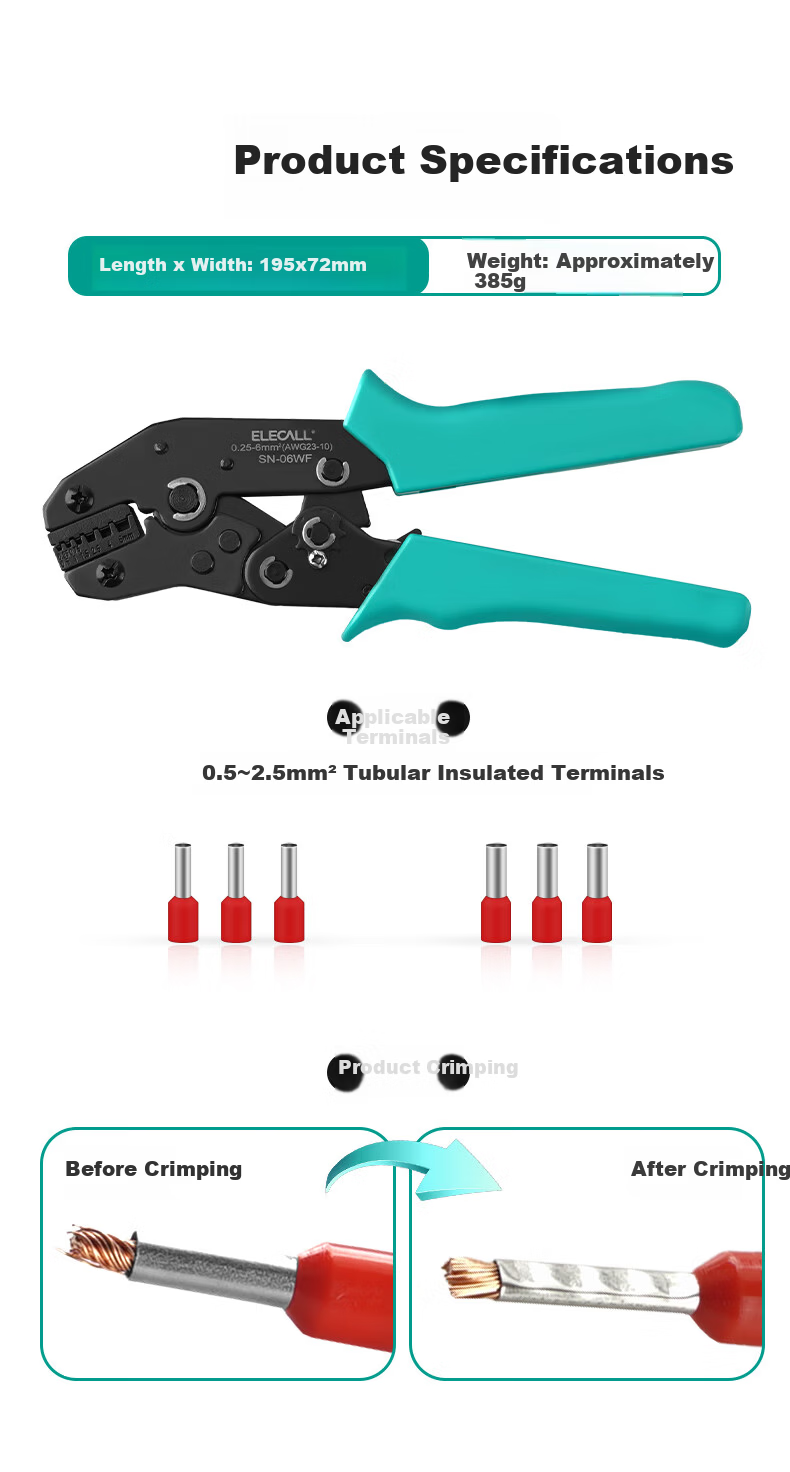 ELECALL Electrical Crimping Pliers 0.5-6mm², Pre-Insulated Wire Crimper, Cold-Press Terminal Pliers ELE-03C for Home Use 2