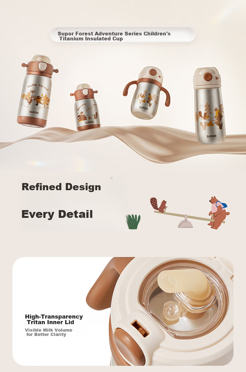 SUPOR Baby Training Cup Children's Insulated Straw Cup Pure Titanium Toddler Milk Drinking Cup for Ages 1-3 Kindergarten 29