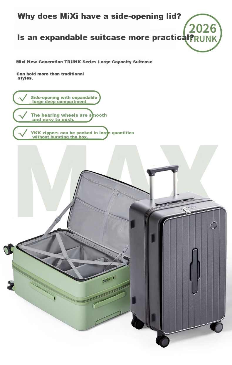 Mixi Side-Opening Suitcase, Large Capacity Leather Luggage, 26-Inch, Men's Spinner Wheels, Password Lock, Travel Case for Wome 2