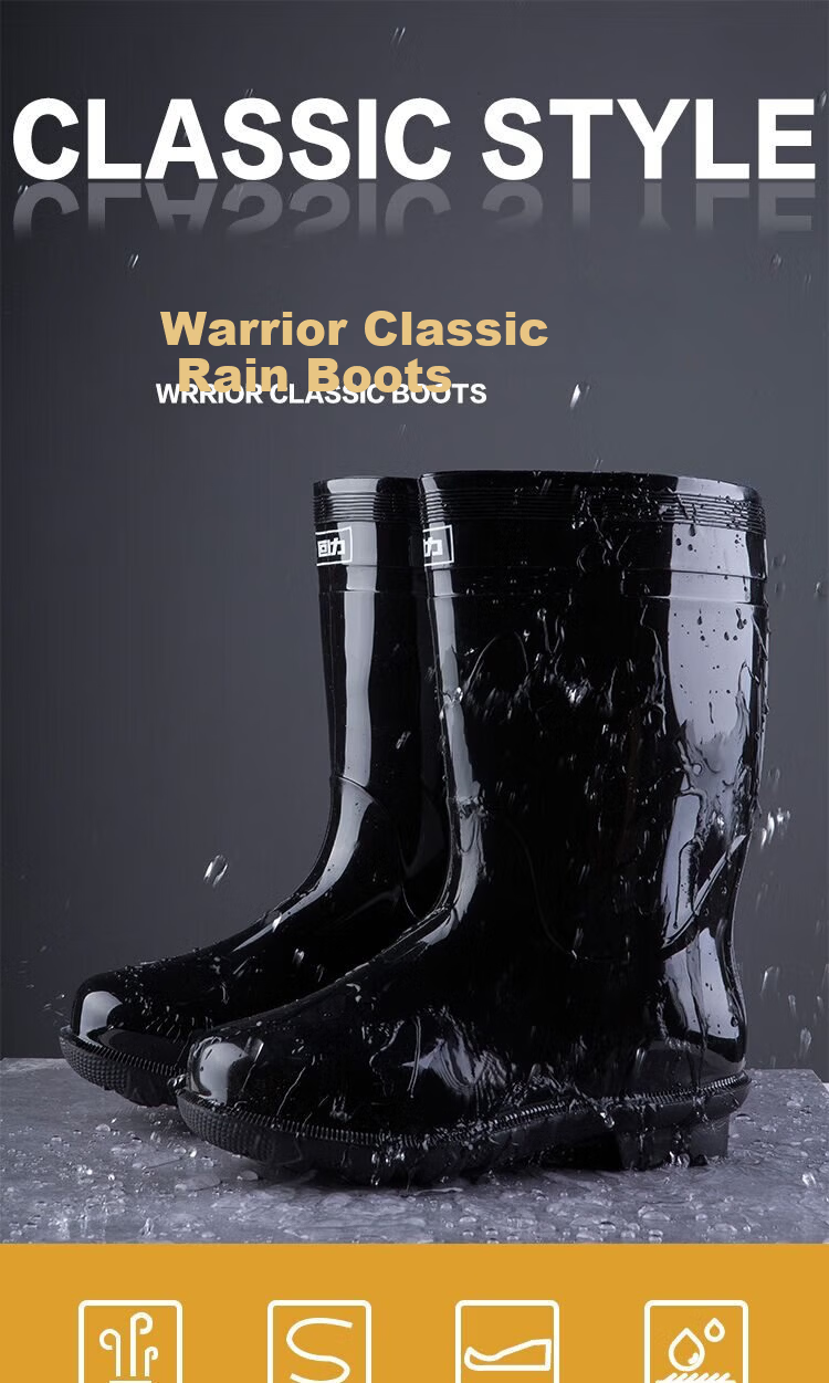 Warrior Men's Waterproof Rain Boots with Fleece Lining, Warm, Fashionable, Non-slip, Durable Outdoor Mid-Calf Black Size 40 HL838 1