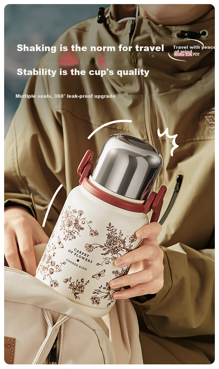 COOKER KING 316L Stainless Steel Insulated Thermos Large Capacity Water Bottle Home Outdoor Hot Water Flask 1.2L (Rose Holiday) 9