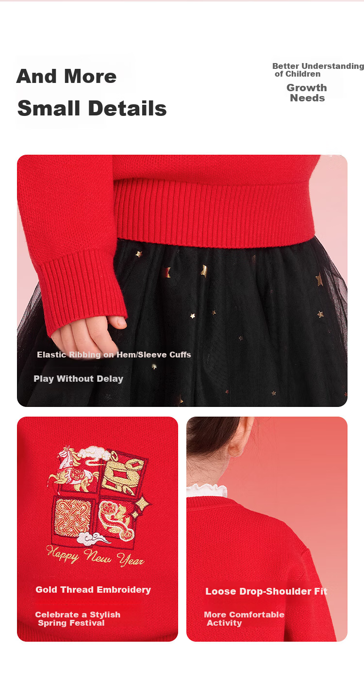 Balabala [balaOne] Kids Jacquard Knit Red Sweater Soft New Year Greeting Clothes for Boys and Girls 6