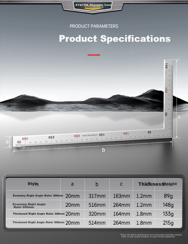 SYNTEK Right Angle Ruler, 90-Degree Stainless Steel Square Ruler, Carpenter's Square, High-Precision L-Shaped Ruler without Bubbles, Double-Sided Scale, 500mm 6