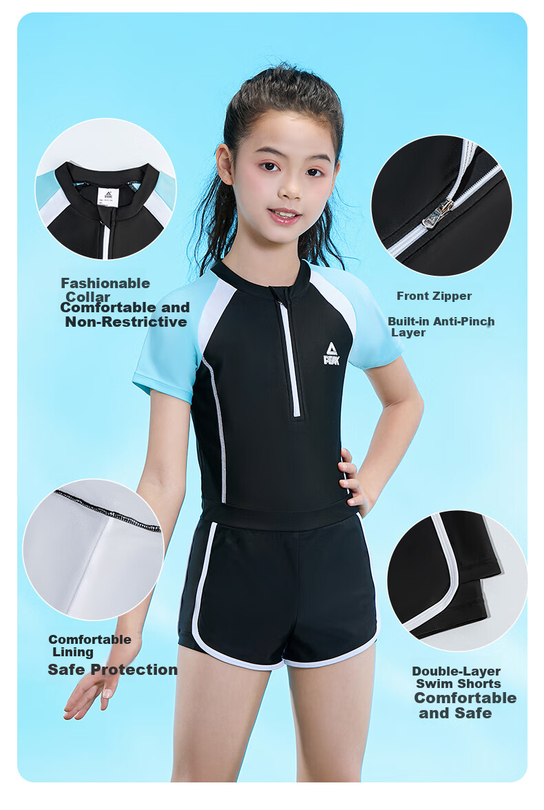 PEAK Kids Girls Colorblock Short Sleeve One-Piece Square Leg Conservative Casual Swimsuit Black Size 130 5