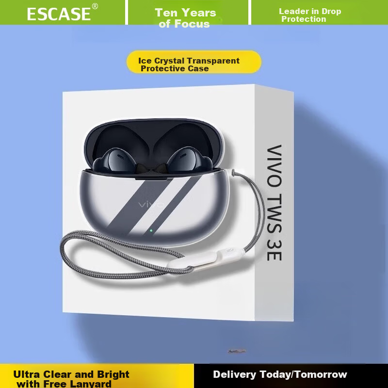ESCASE Compatible with vivo TWS3e Bluetooth Earbuds Case TPU Soft Cover Shockproof Dustproof Skin-Friendly Transparent + Woven Anti-Lost Strap 1