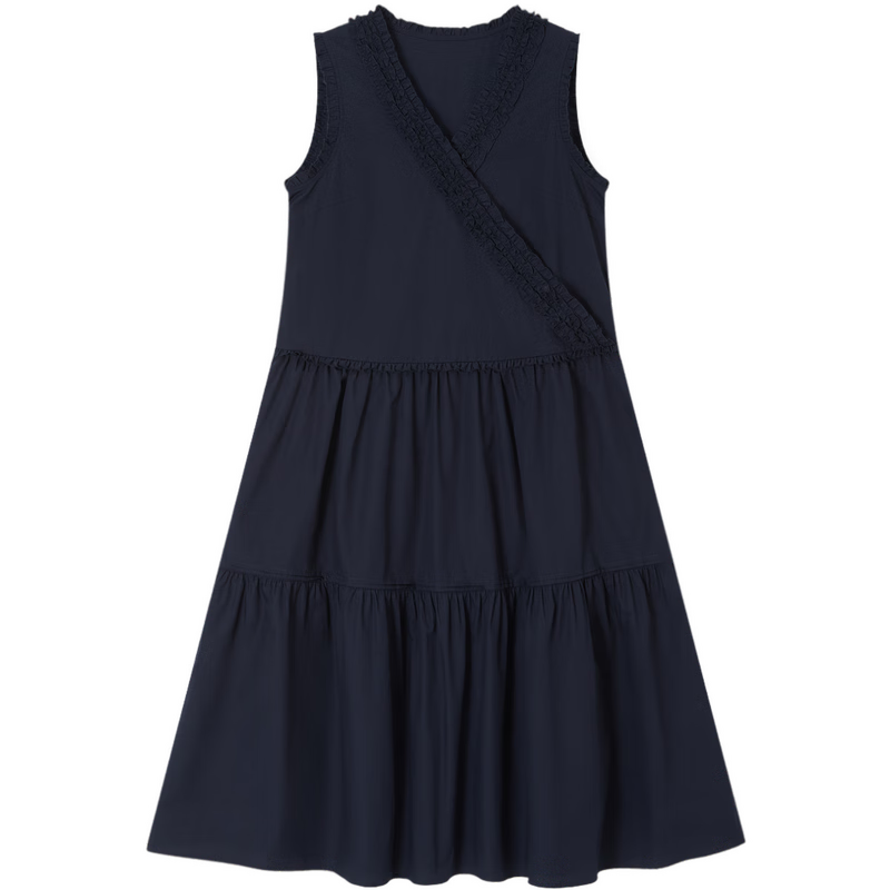 Demana [100% Cotton Poplin] Summer French Style Cross V-Neck Sleeveless Ruffle Slim A-Line Mid-Length Dress for Women
