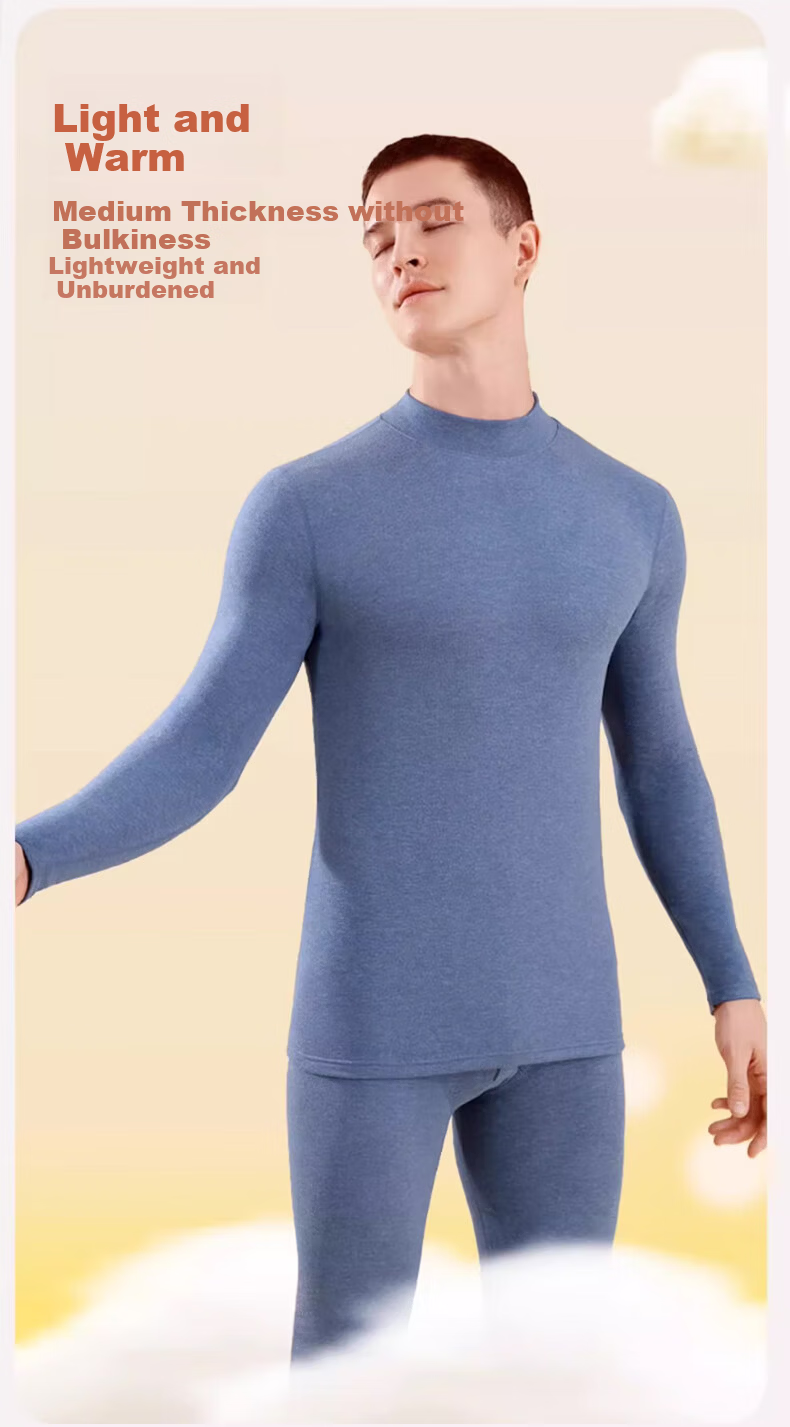 LangSha Mid-Neck Wool and Silk Thermal Underwear Set for Men 26 Autumn Winter New 7A Antibacterial Fleece Lined Heating Top and Bottom Set 10