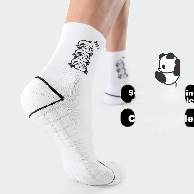 KAWASAKI Thickened Towel Bottom Sweat-Absorbing Sports Mid Socks Panda Series C6372 White/Black 3 Pairs Pack