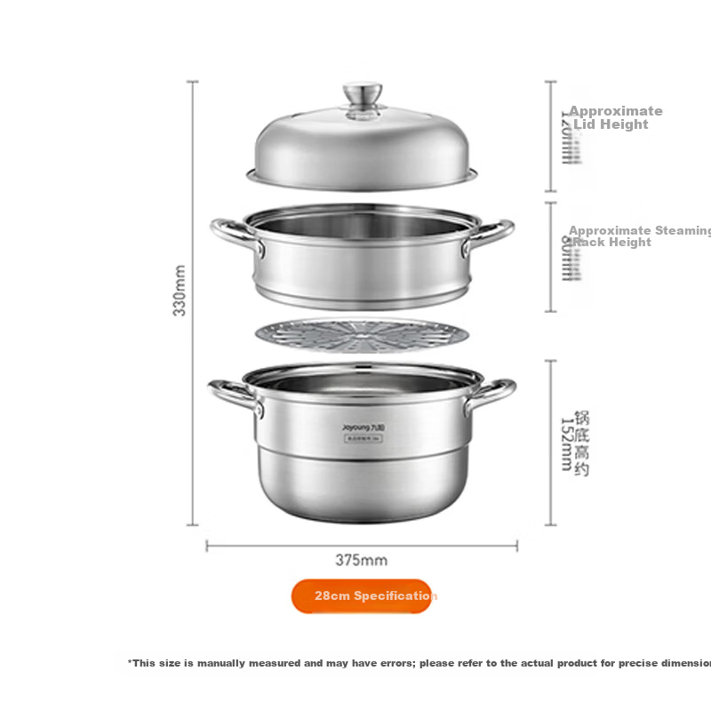 Joyoung 28cm Stainless Steel 304 Double-Layer Steamer Pot with High Dome Lid, Large Capacity, Stove Compatible for Home Steaming, Cooking, and Soup Making