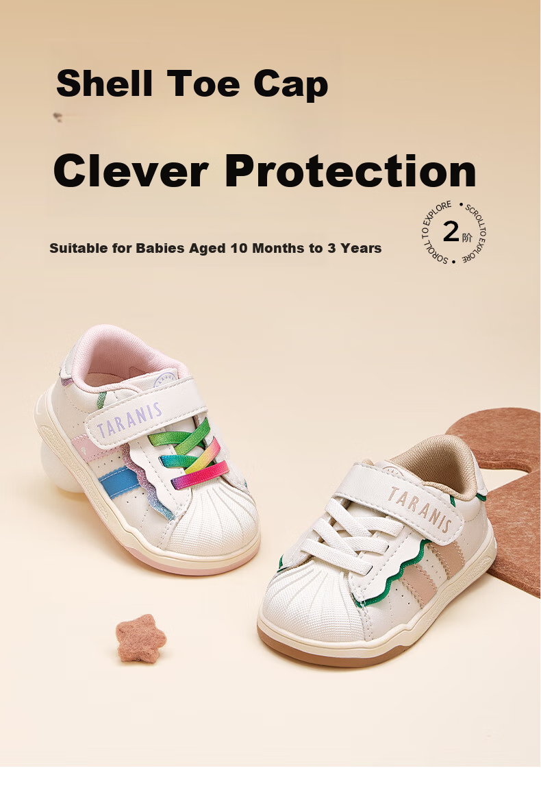 TARANIS Spring Girls' Walking Shoes, Boys' Toddler Anti-Kick Shell Toe Functional Shoes, White/apricot/green, Size 26 1