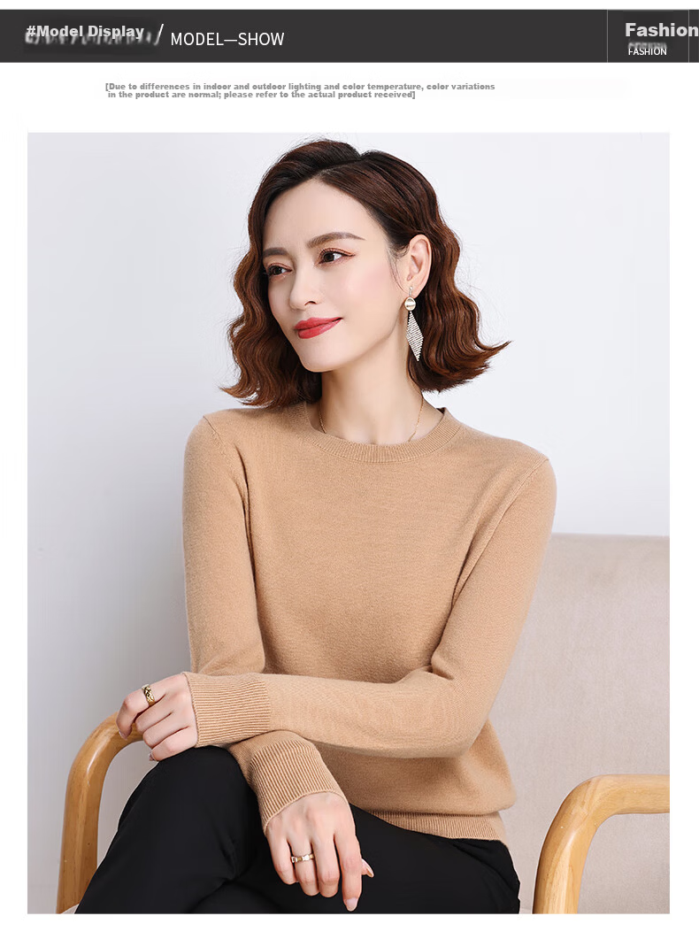 Hengyuanxiang 100% Pure Wool Women's Sweater Autumn Winter Crew Neck Casual Elegant Knit Warm Base Shirt Top 9