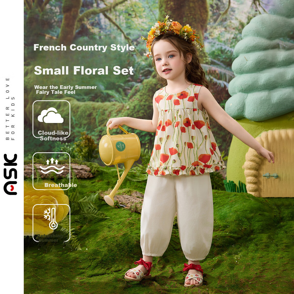 ASK JUNIOR [Pastoral French Style] Children's Set Toddler Floral Sleeveless Vest Top Lantern Pants Mosquito-Repellent Girls Two-Piece Set 1