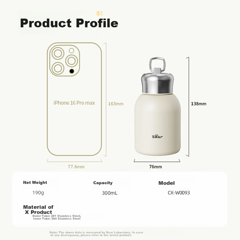 Bear Insulated Bottle 304 Stainless Steel Portable Small Capacity Thermos Water Cup for Students Men Women Children 300ml