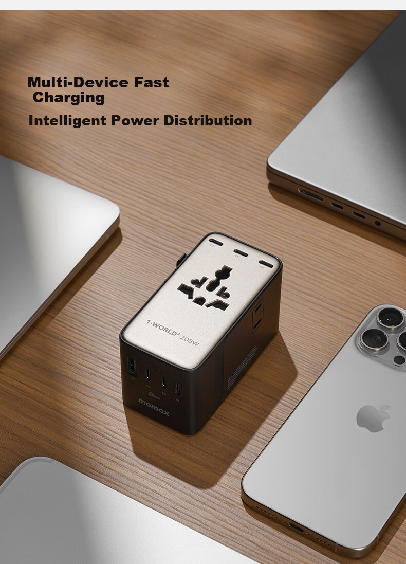 Momax 205W GaN Multi-Port Travel Adapter Global Universal Fast Charging Power Converter Socket UK EU US AU 6C1A for Laptop and Mobile Phone 5